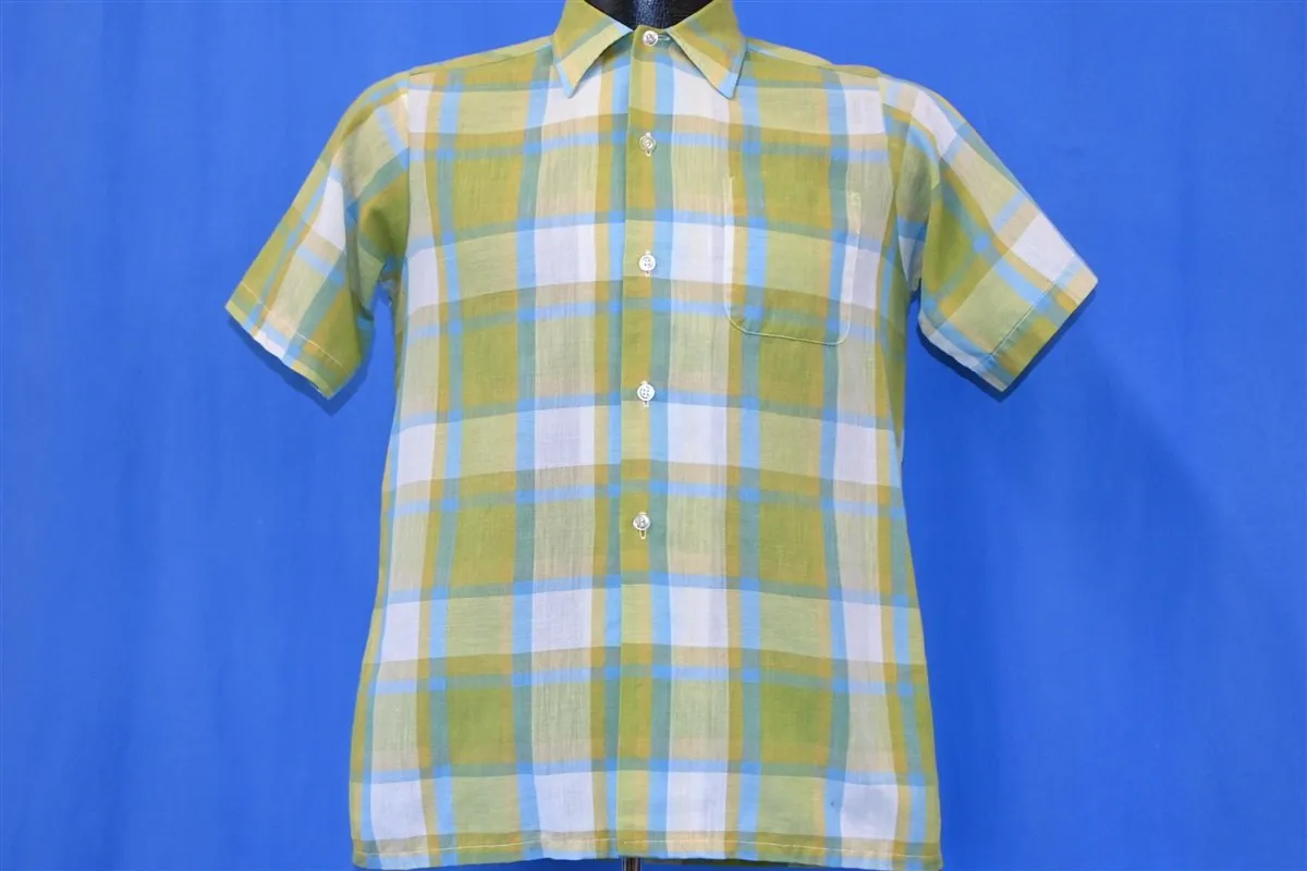 60s Sears Green Check Plaid Square Bottom Button Shirt Small