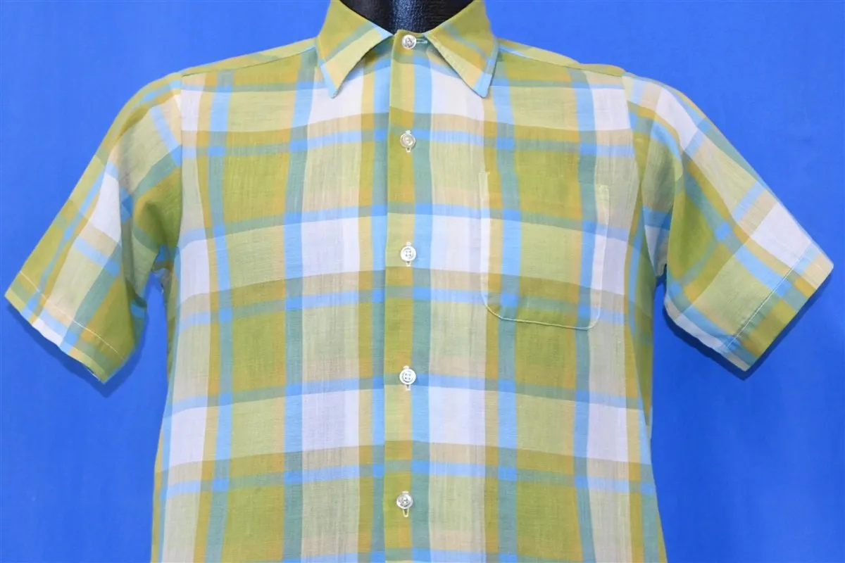 60s Sears Green Check Plaid Square Bottom Button Shirt Small