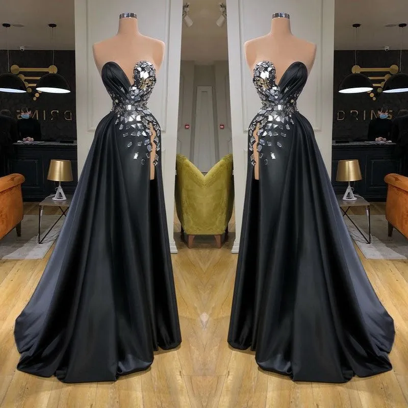 Chic Black Long Mermaid Sweetheart Crystal Prom Dress With Split