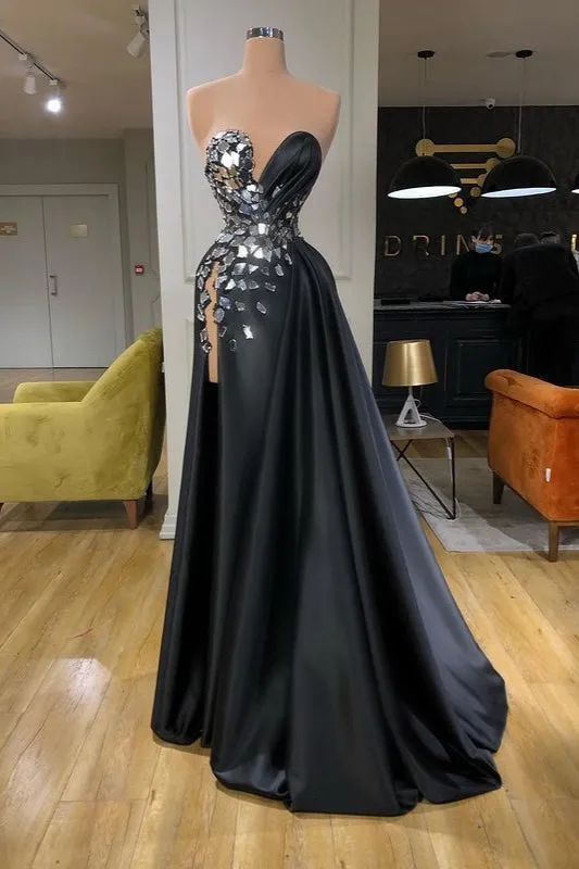 Chic Black Long Mermaid Sweetheart Crystal Prom Dress With Split