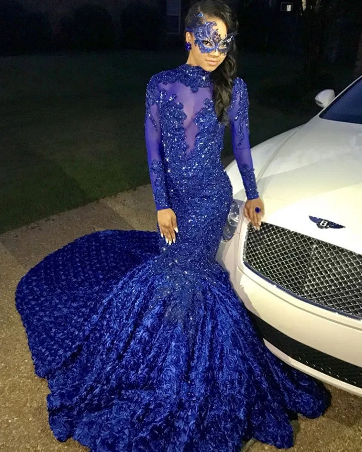 Chic Flowers Royal Blue Prom Party Gowns| Long Sleeves Prom Party Gowns