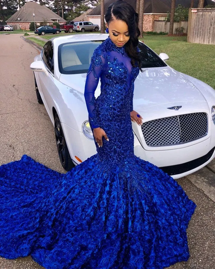 Chic Flowers Royal Blue Prom Party Gowns| Long Sleeves Prom Party Gowns