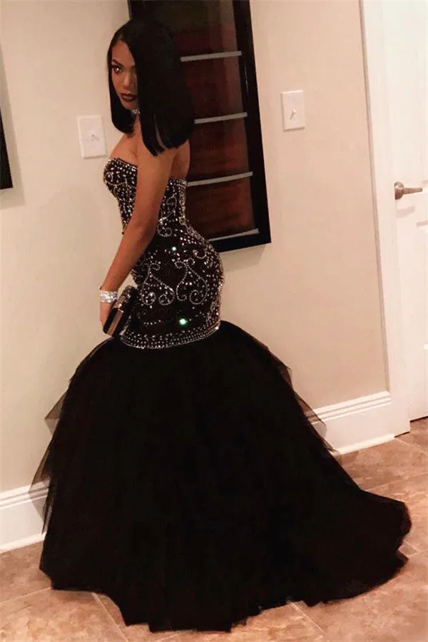 Chic Sweetheart Beads Prom Dresses Mermaid Black Sequins Evening Gown