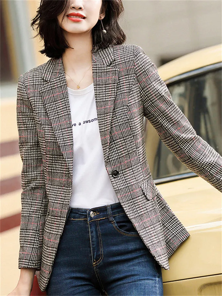 Chic Vintage Plaid One Button Suit Jacket for Lady