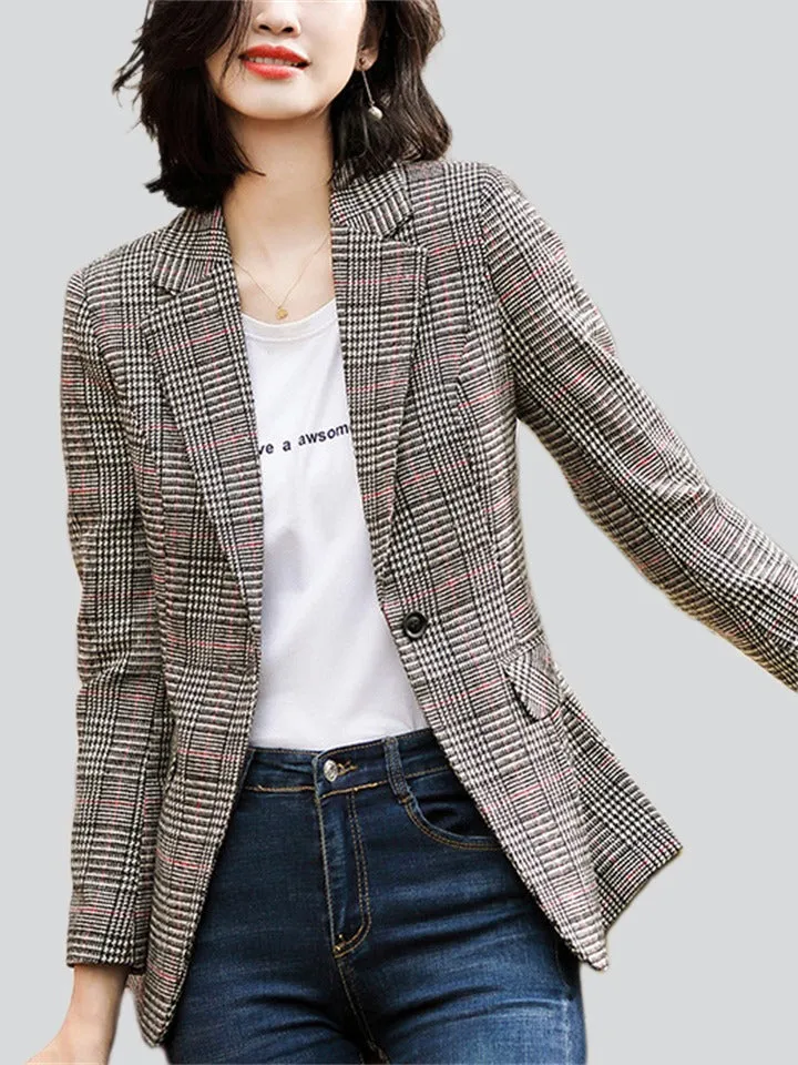 Chic Vintage Plaid One Button Suit Jacket for Lady