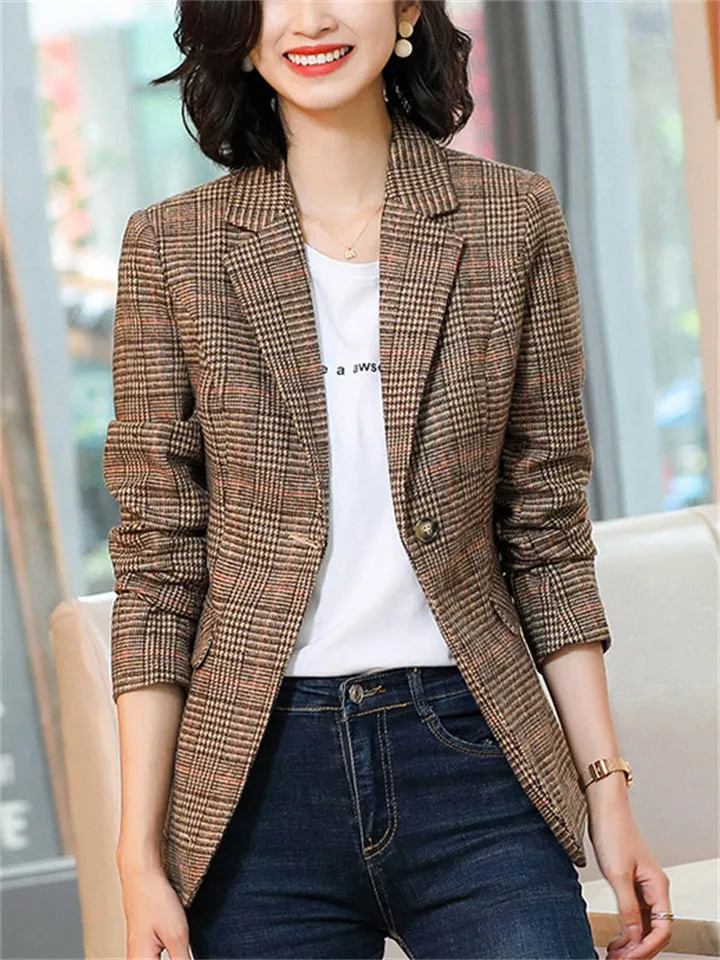 Chic Vintage Plaid One Button Suit Jacket for Lady