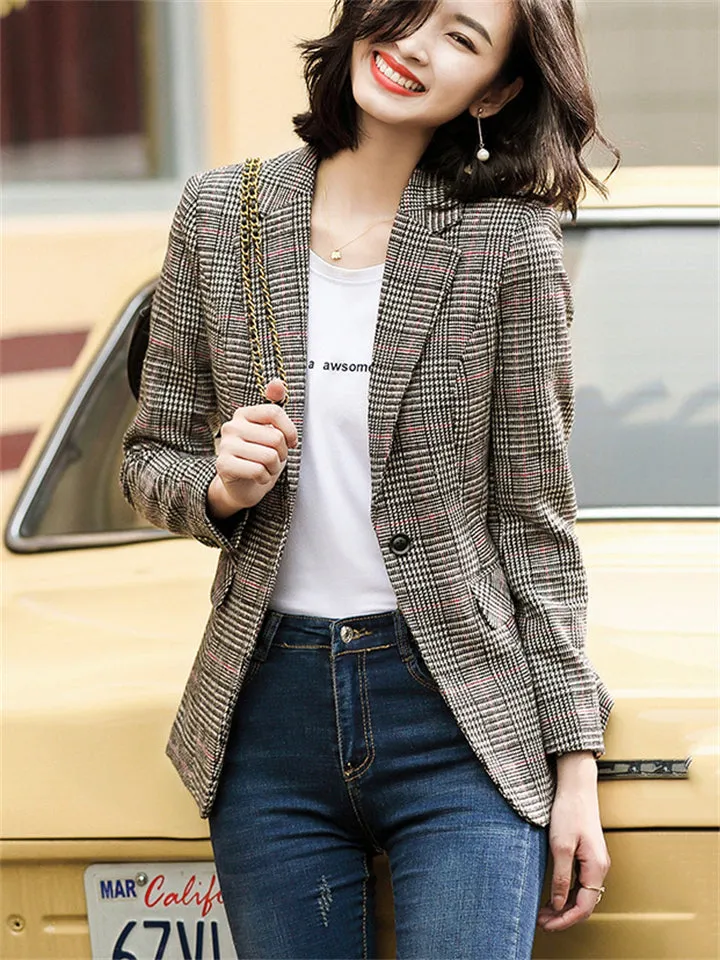 Chic Vintage Plaid One Button Suit Jacket for Lady