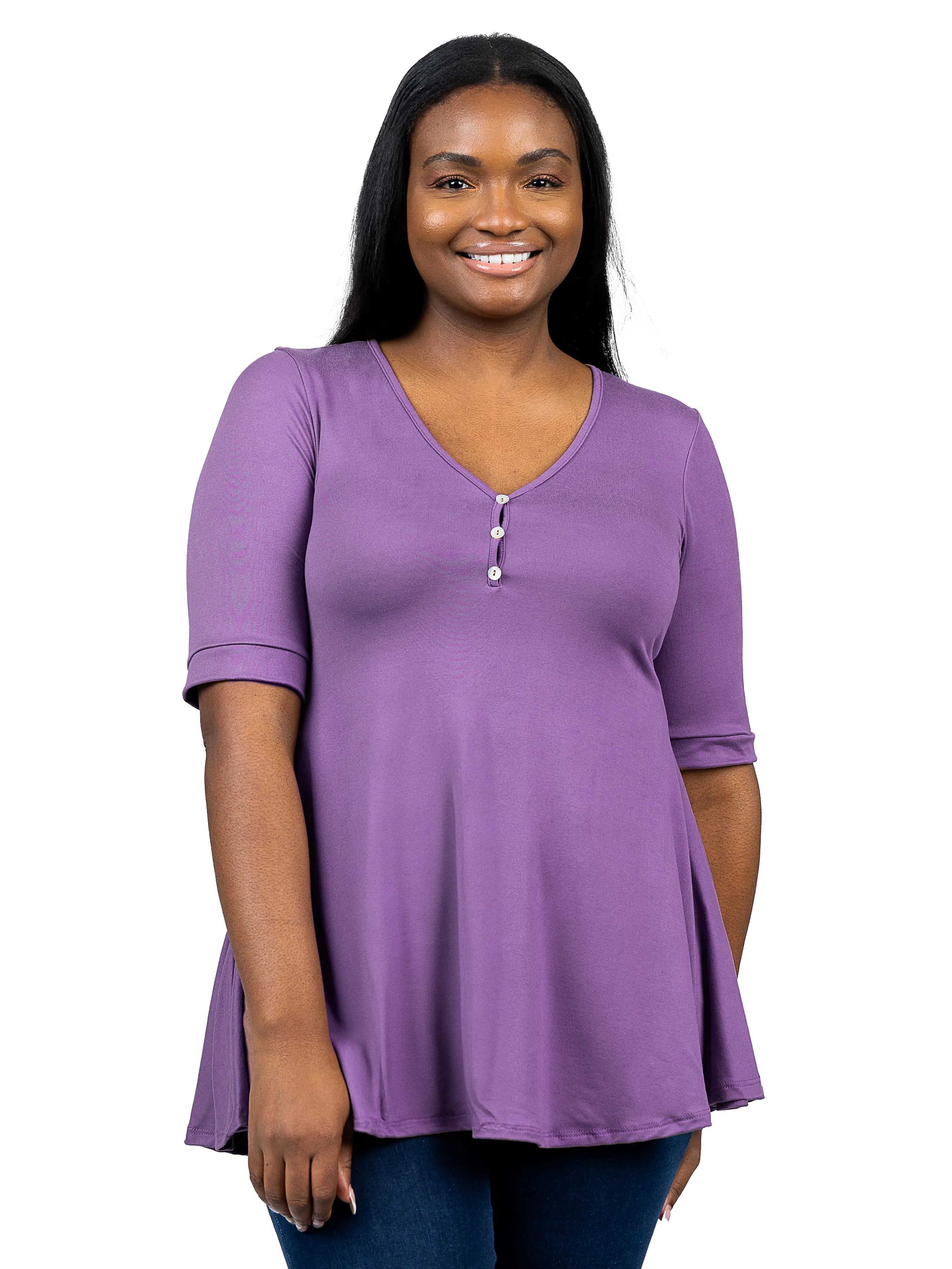 Elbow Sleeve Henley Plus Size Tunic Top