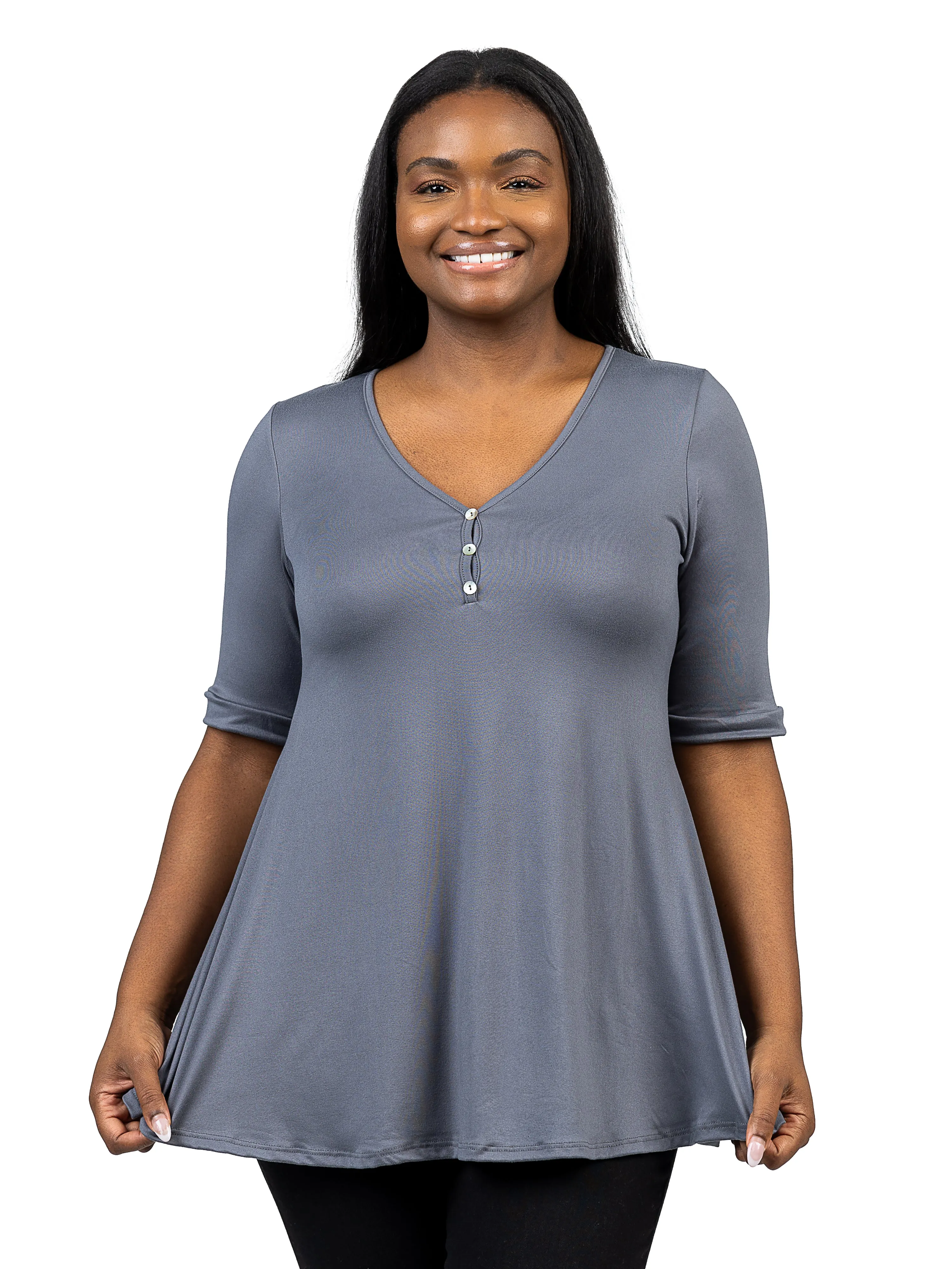 Elbow Sleeve Henley Plus Size Tunic Top