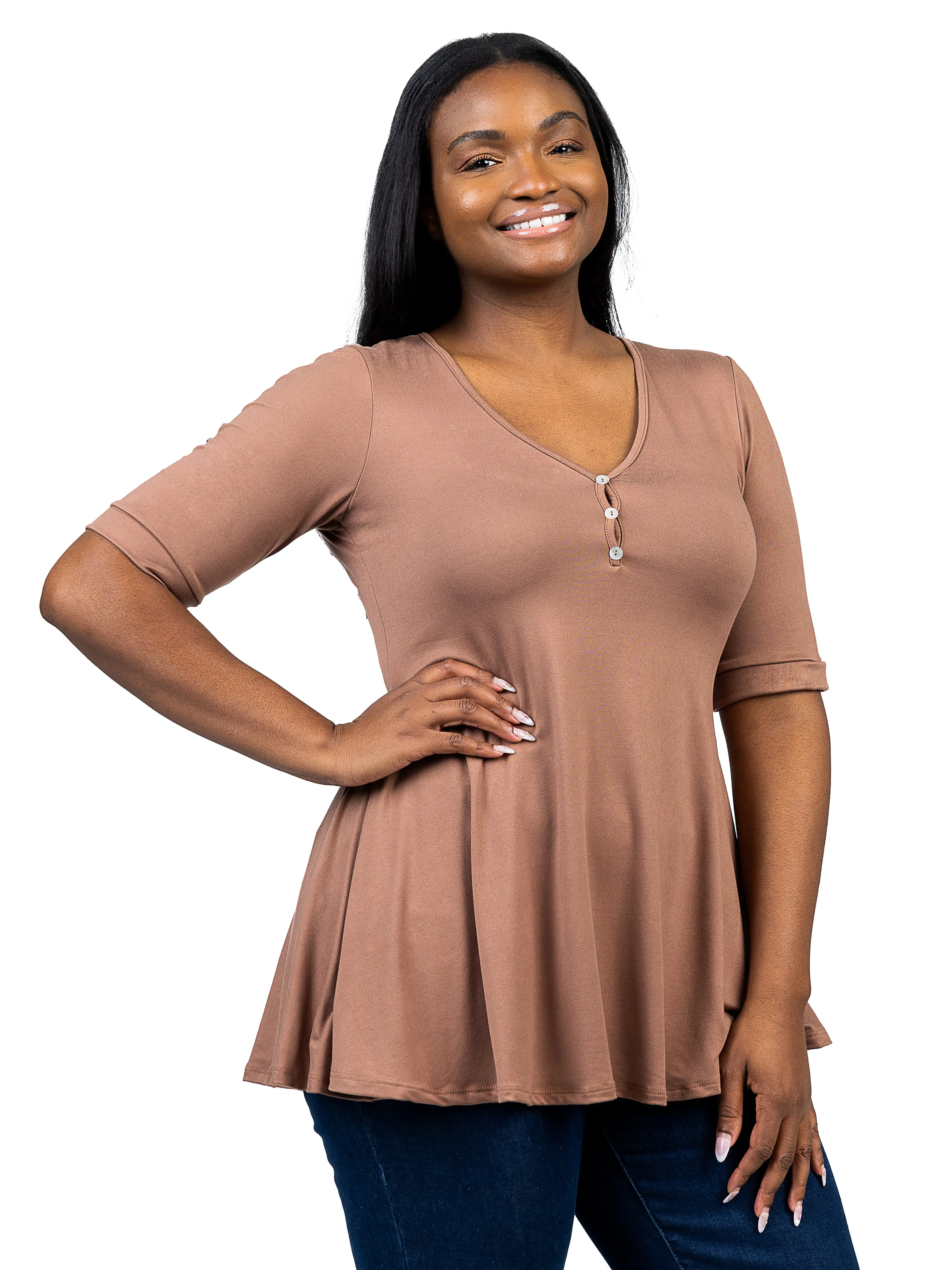 Elbow Sleeve Henley Plus Size Tunic Top