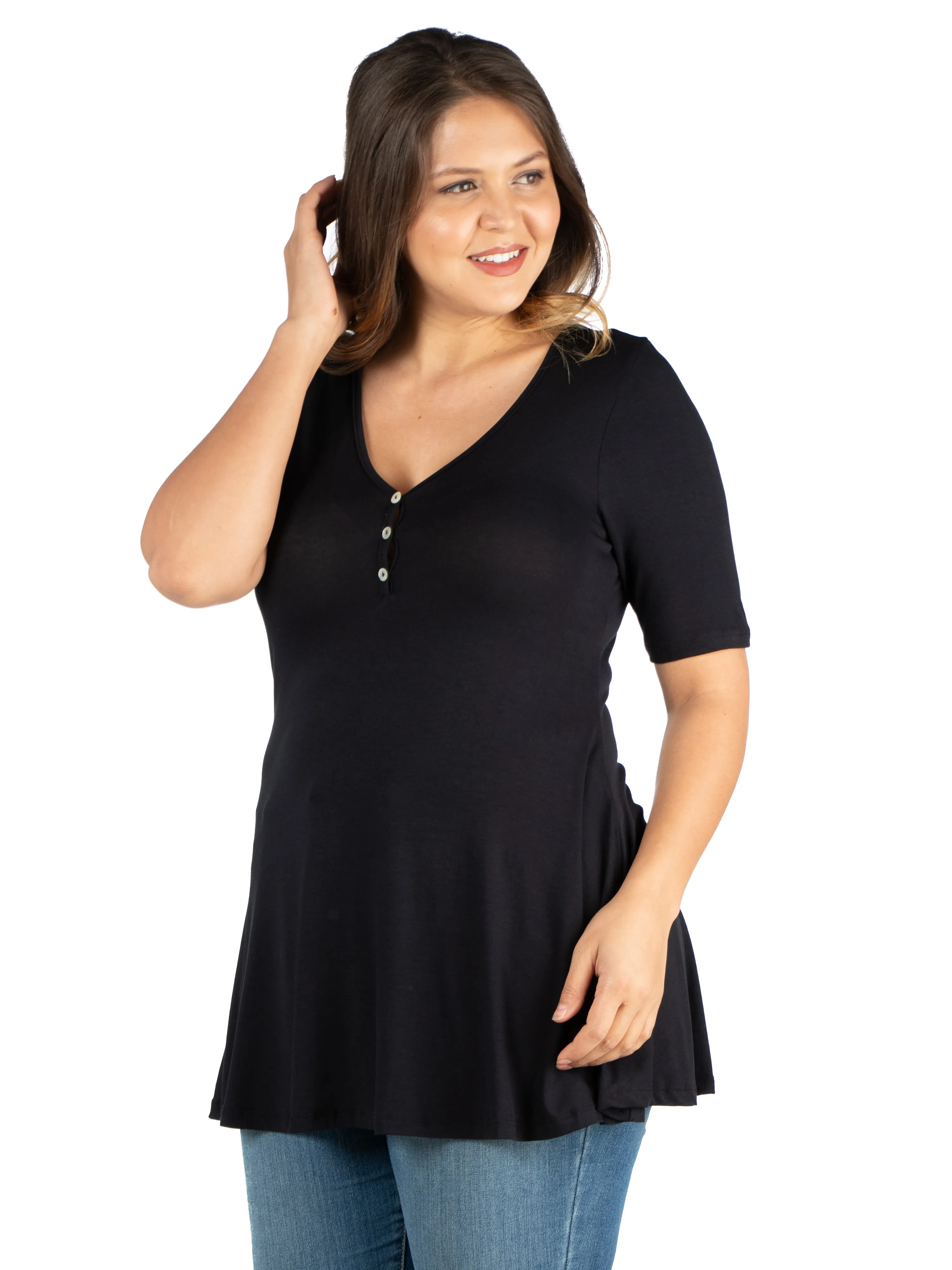 Elbow Sleeve Henley Plus Size Tunic Top