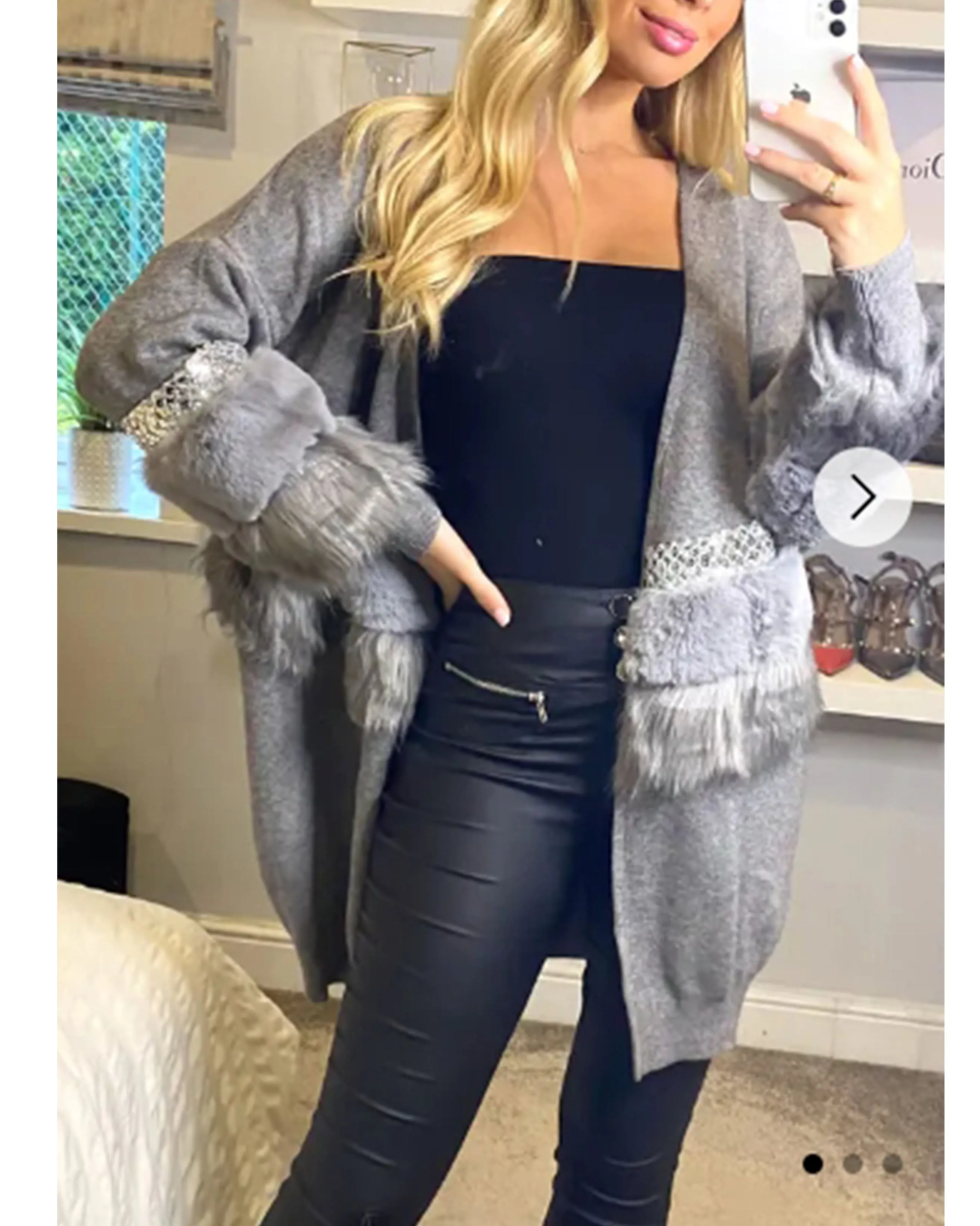 faux fur embllished with sequin design oversized cardigan in grey