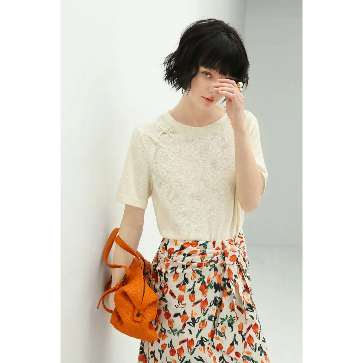 Floral Shoulder Knot Knitted Ivory Tee