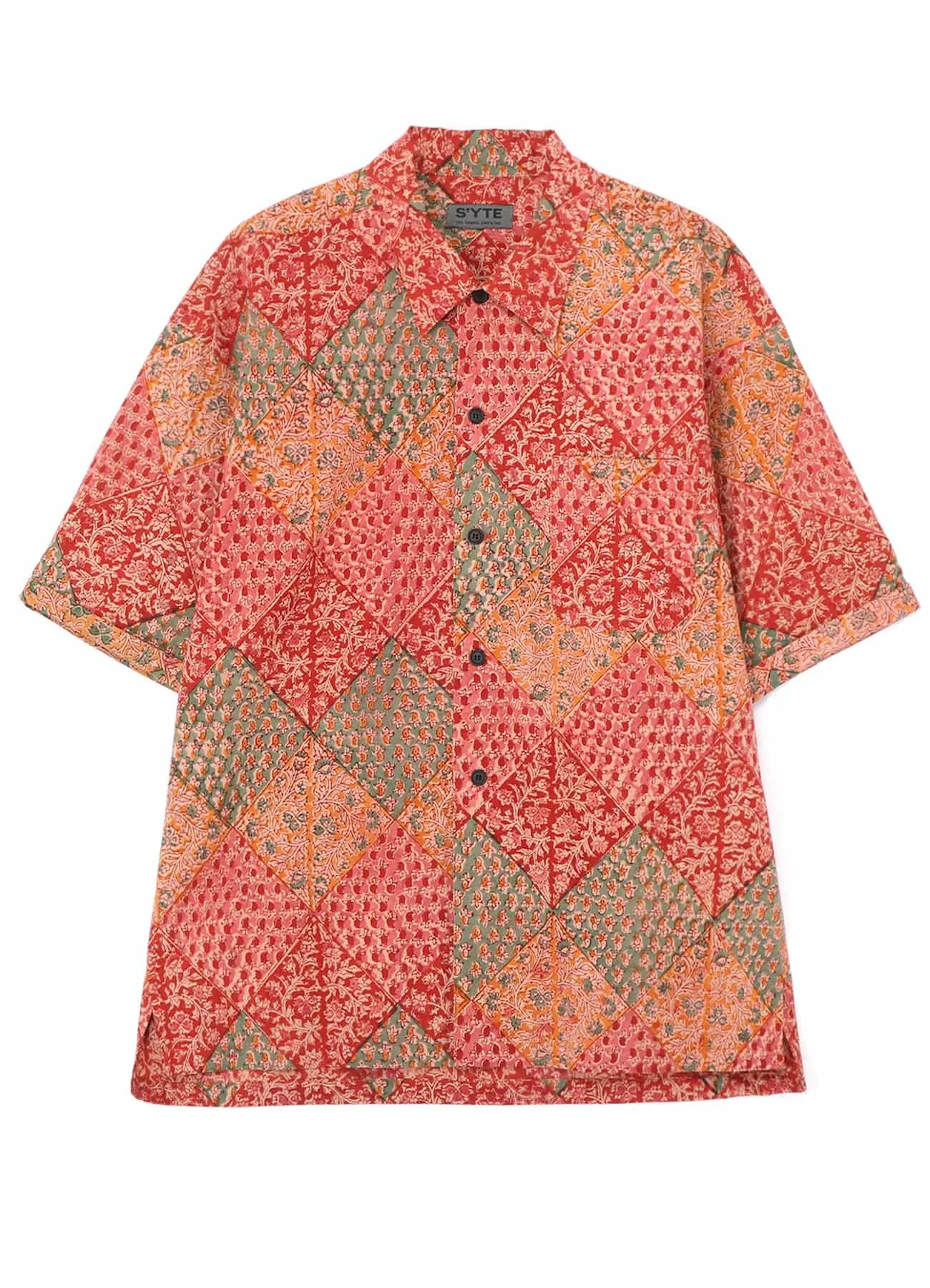 INDIAN BLOCK PRINTED BOTANICAL PATTERN SHIRT WITH ROLL-UP HALF SLEEVES