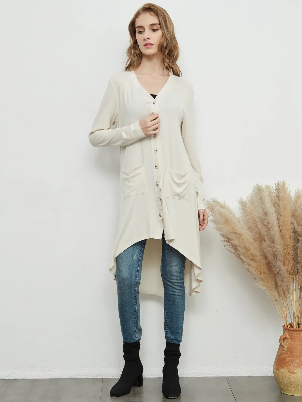 Long Sleeve Button Down Pockets Knit Ribbed Cardigan