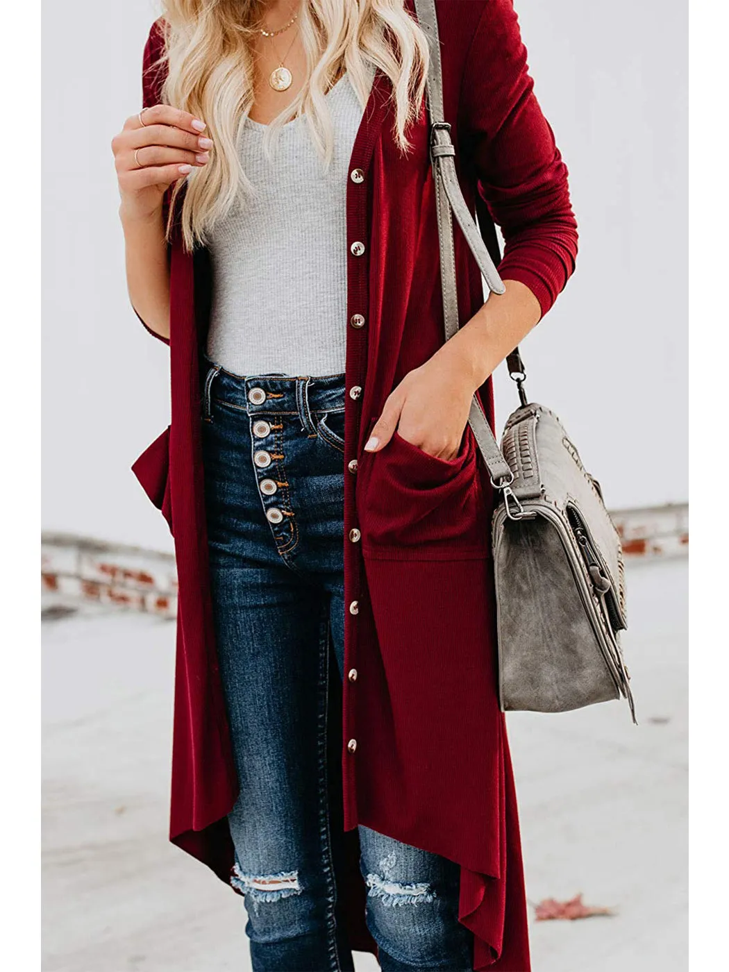 Long Sleeve Button Down Pockets Knit Ribbed Cardigan