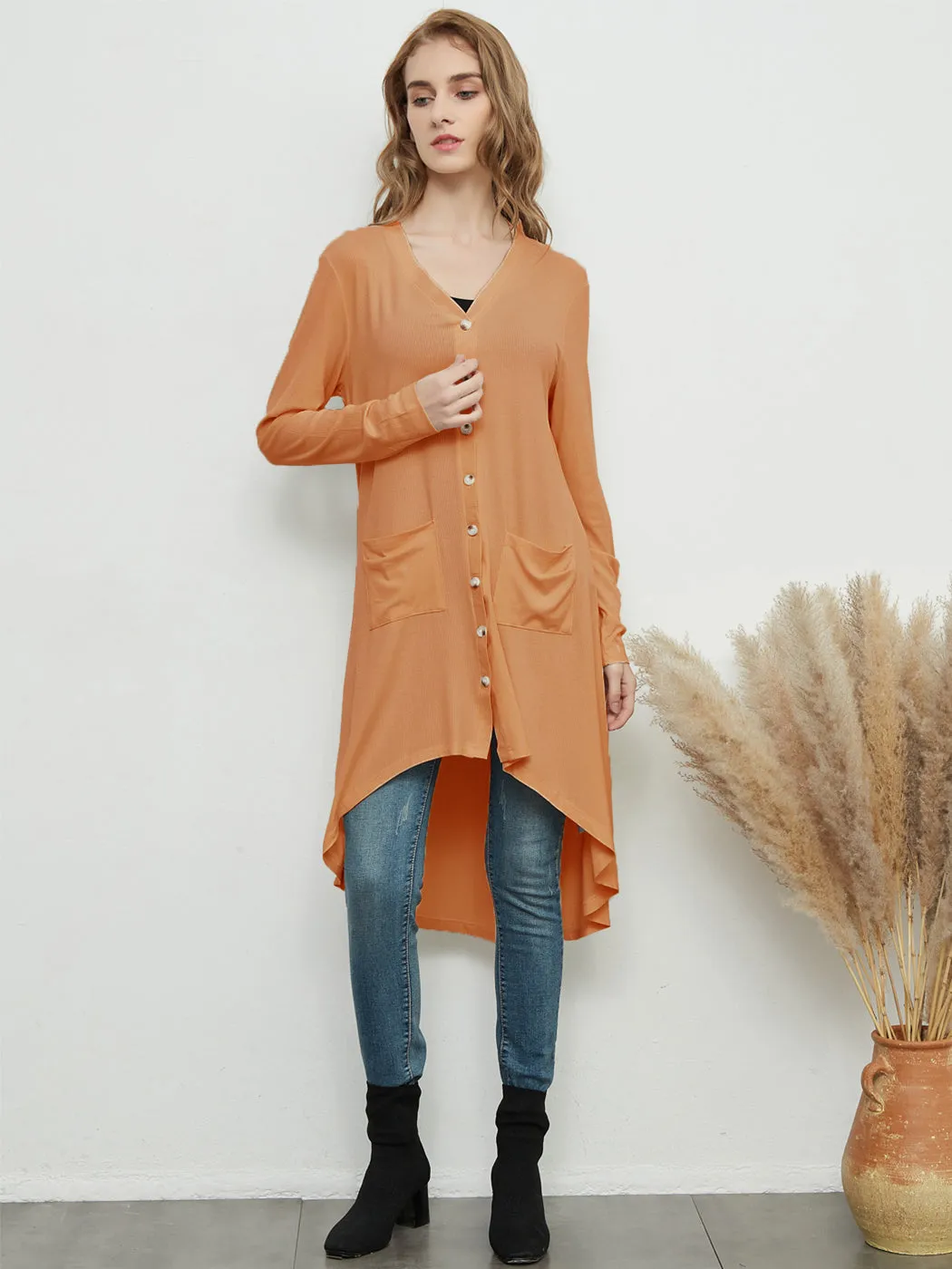 Long Sleeve Button Down Pockets Knit Ribbed Cardigan