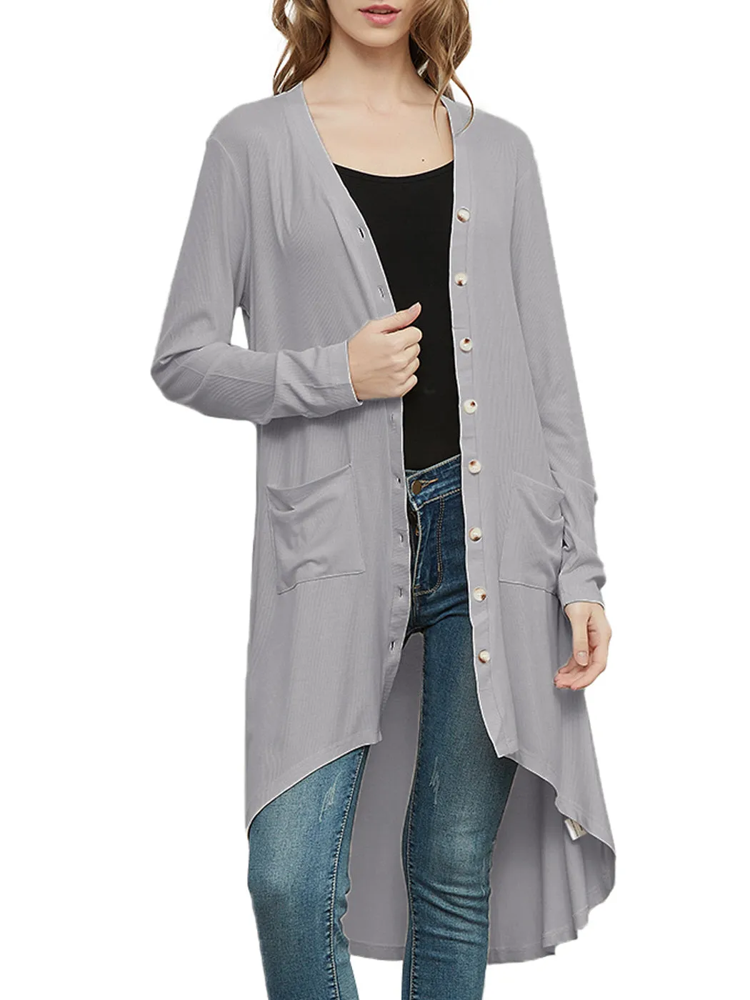 Long Sleeve Button Down Pockets Knit Ribbed Cardigan