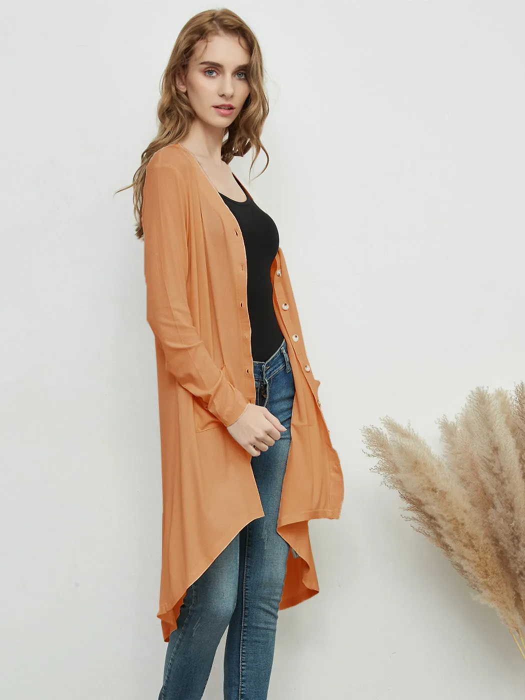 Long Sleeve Button Down Pockets Knit Ribbed Cardigan