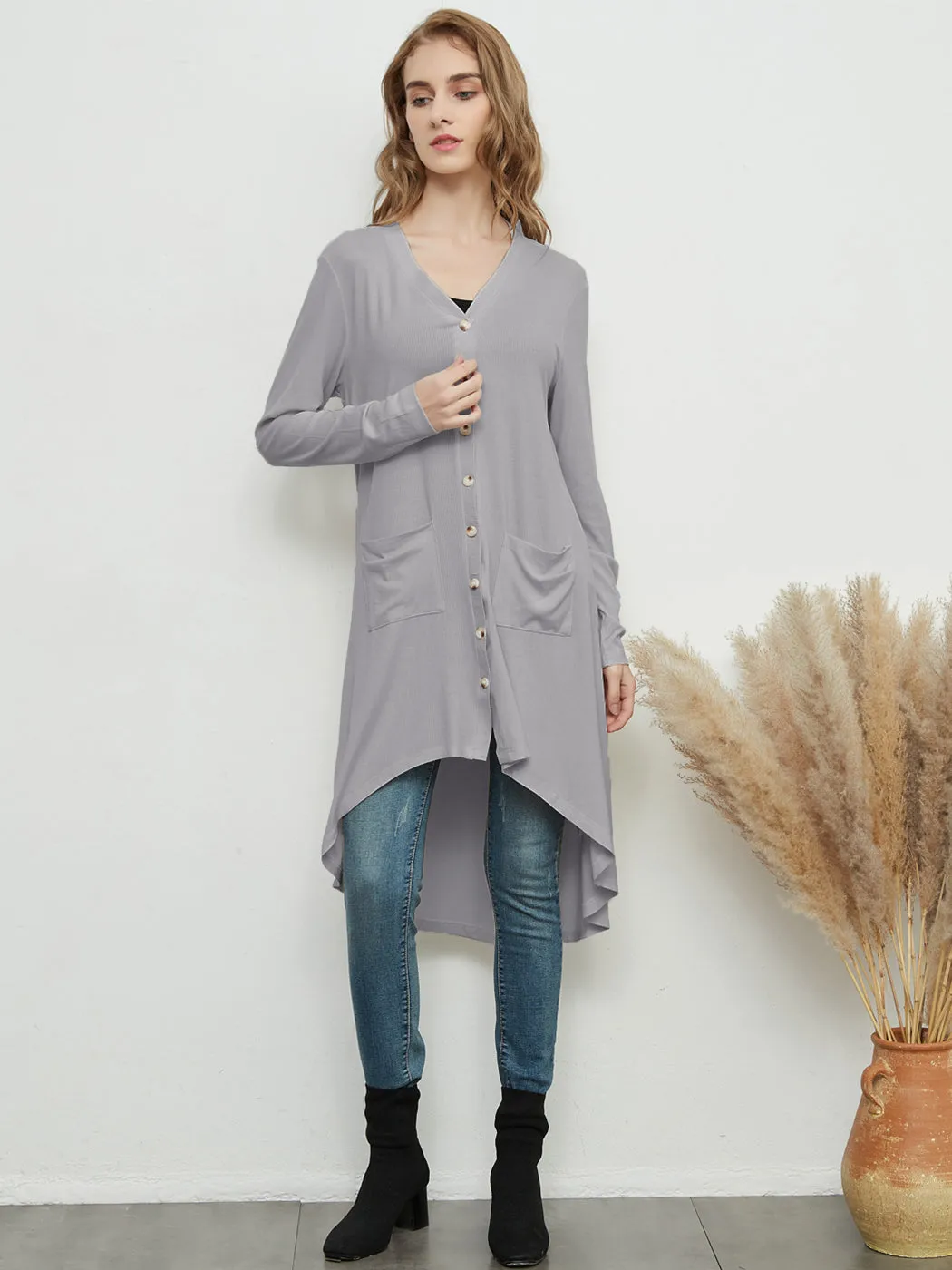 Long Sleeve Button Down Pockets Knit Ribbed Cardigan