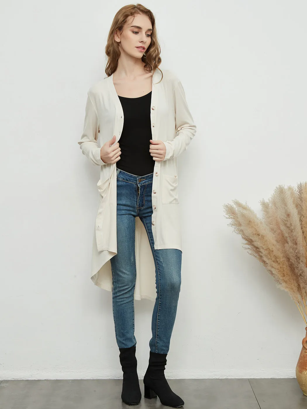 Long Sleeve Button Down Pockets Knit Ribbed Cardigan