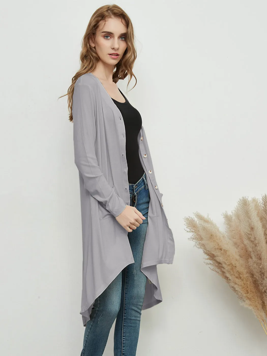 Long Sleeve Button Down Pockets Knit Ribbed Cardigan