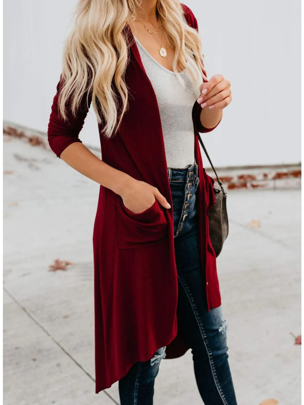 Long Sleeve Button Down Pockets Knit Ribbed Cardigan