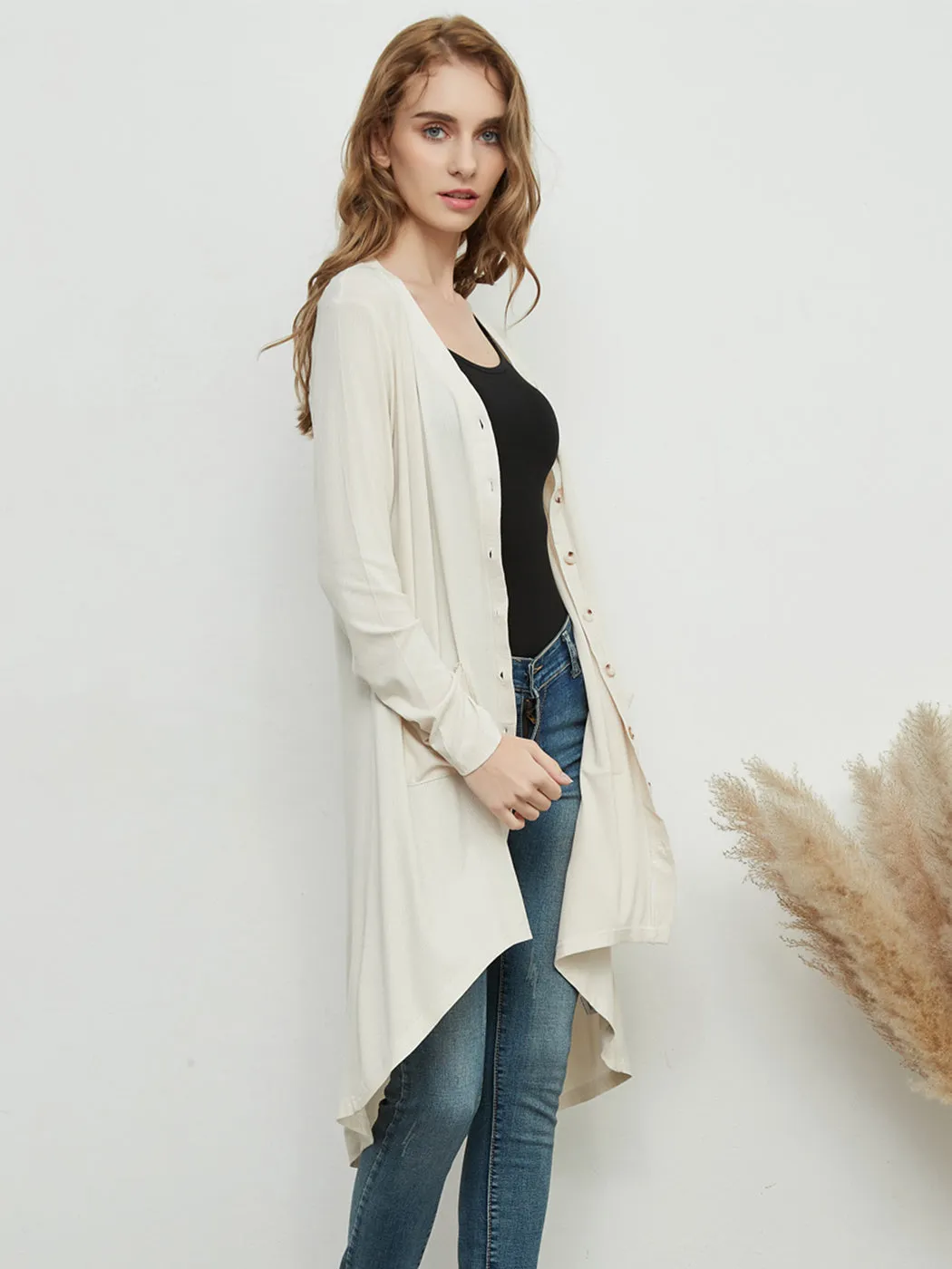 Long Sleeve Button Down Pockets Knit Ribbed Cardigan