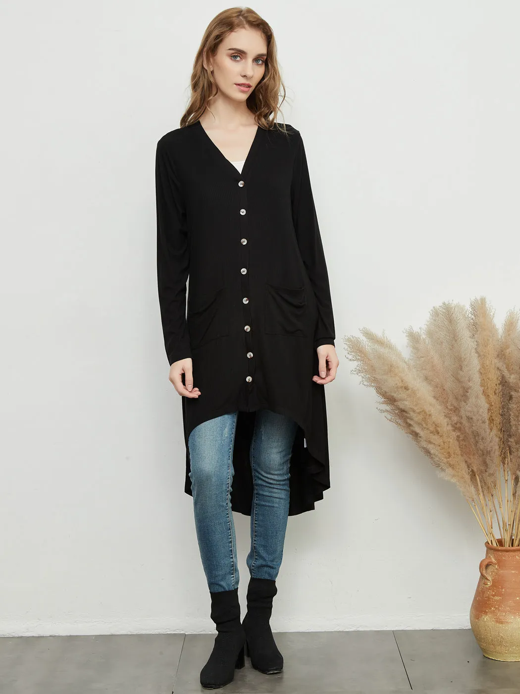 Long Sleeve Button Down Pockets Knit Ribbed Cardigan