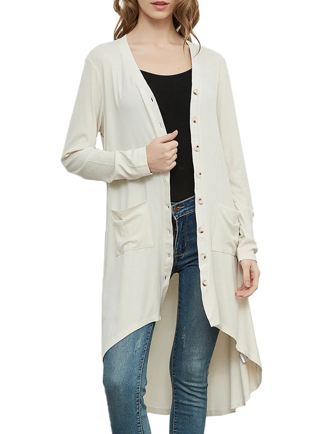 Long Sleeve Button Down Pockets Knit Ribbed Cardigan