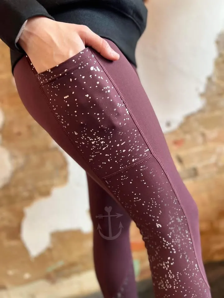 M ONLY Anchored Arrows Leggings in Burgundy   Silver Metallic Fleck w/pockets