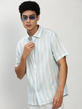 Men White Striped Casual Casual Shirts