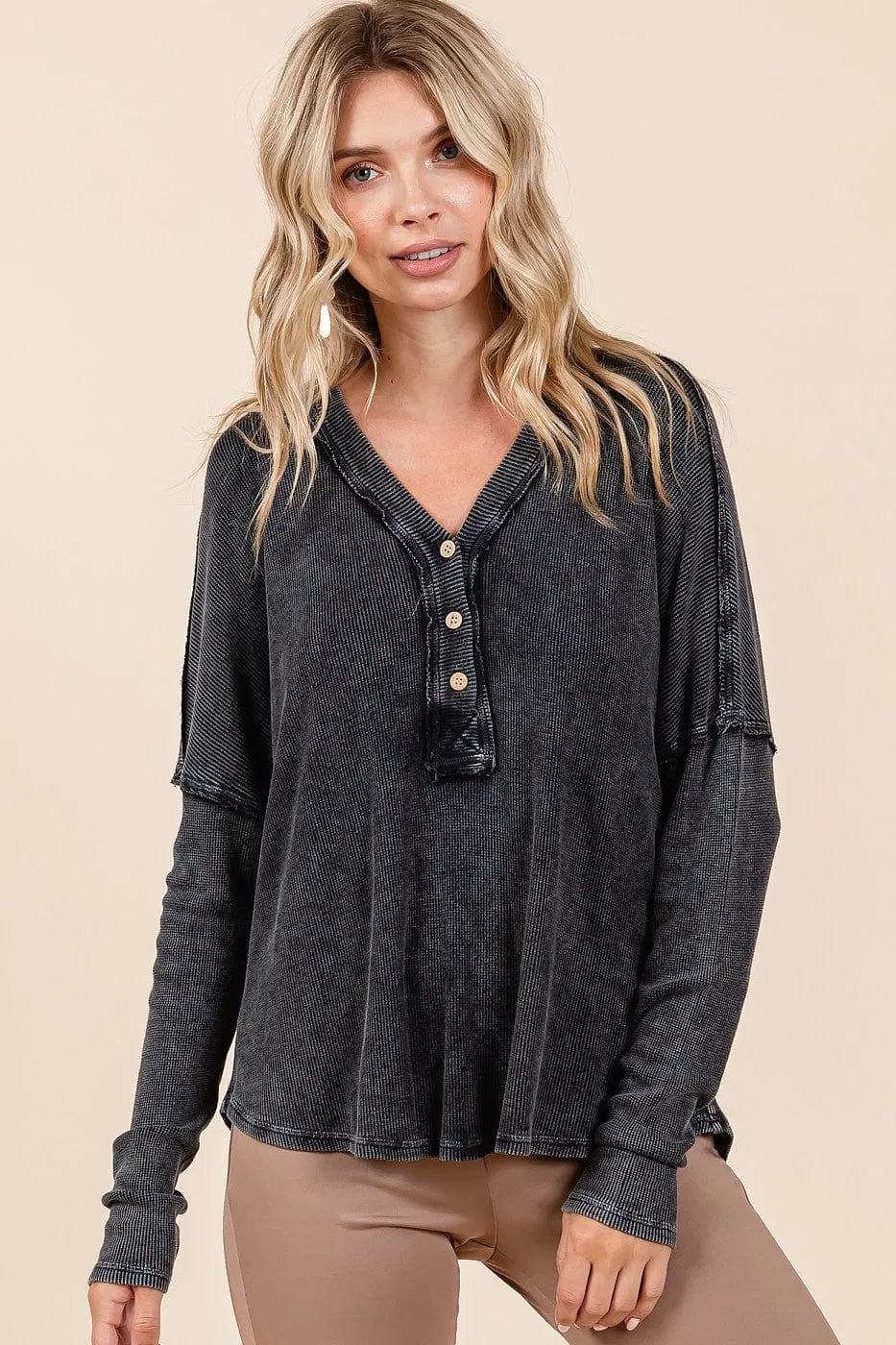 Mittoshop Washed V-Neck Long Sleeve Blouse