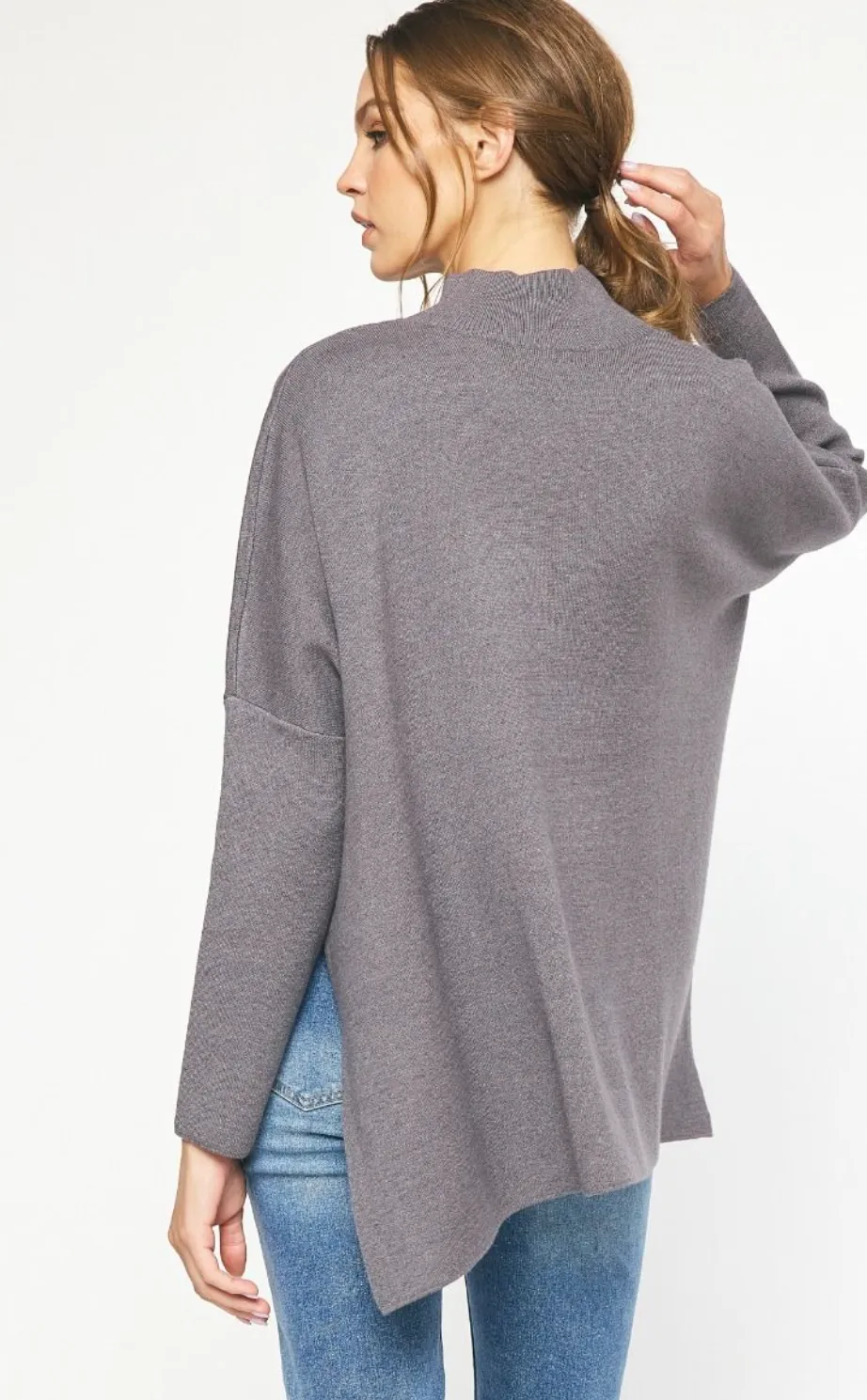 mock neck long sleeve knit sweater - charcoal