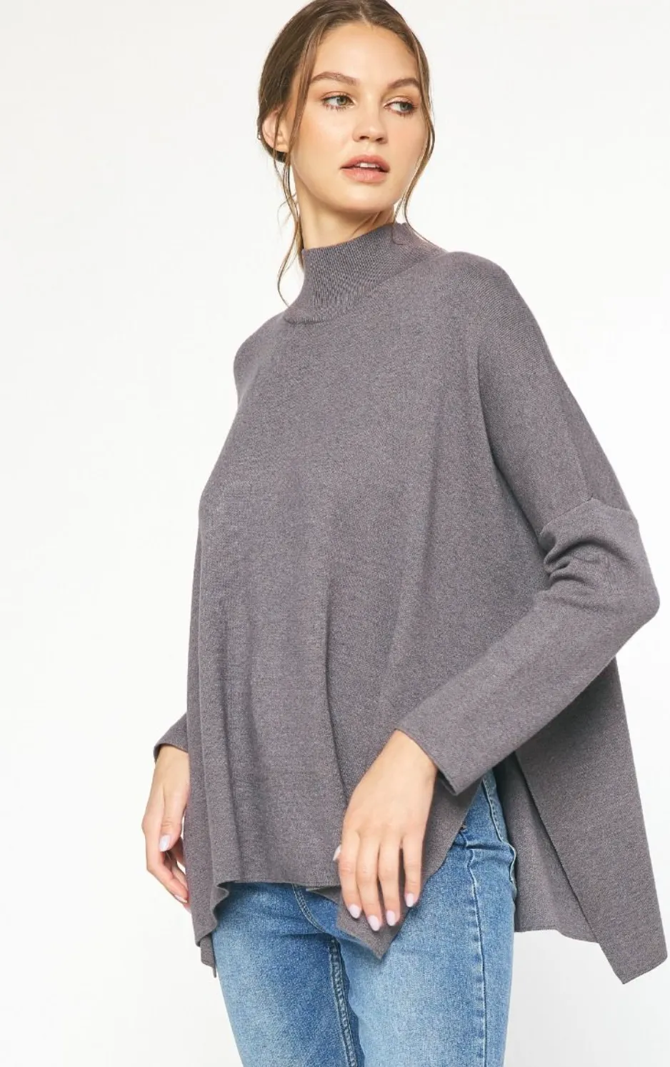 mock neck long sleeve knit sweater - charcoal