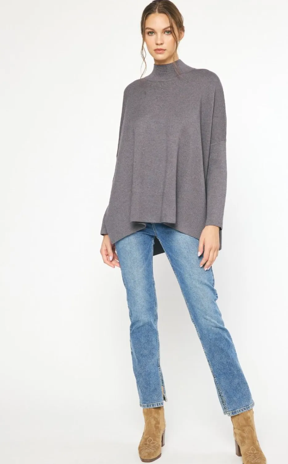 mock neck long sleeve knit sweater - charcoal