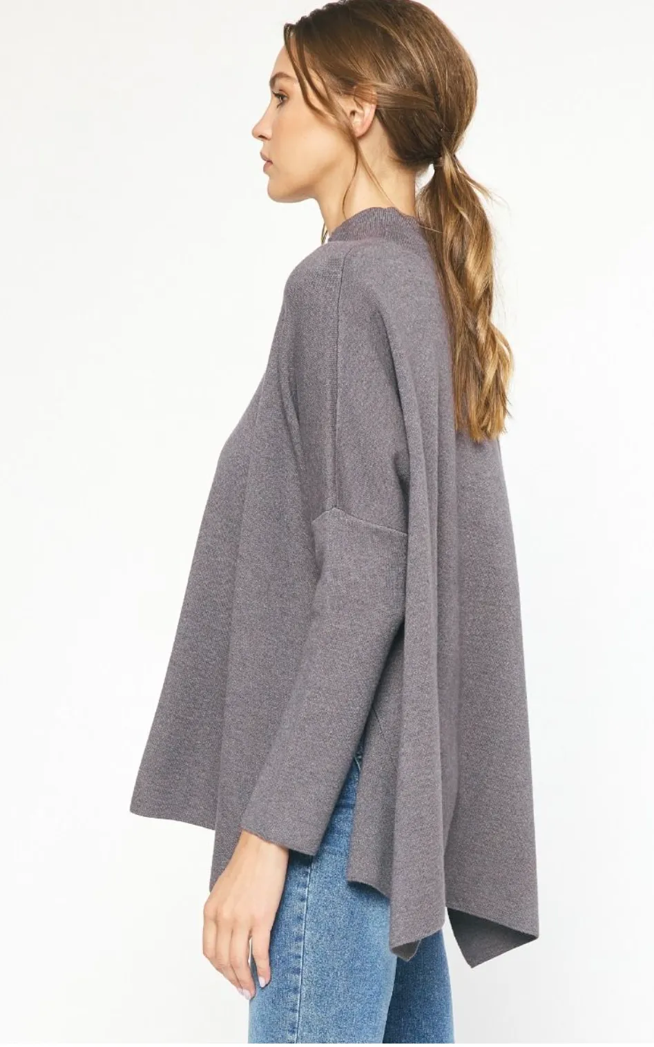 mock neck long sleeve knit sweater - charcoal