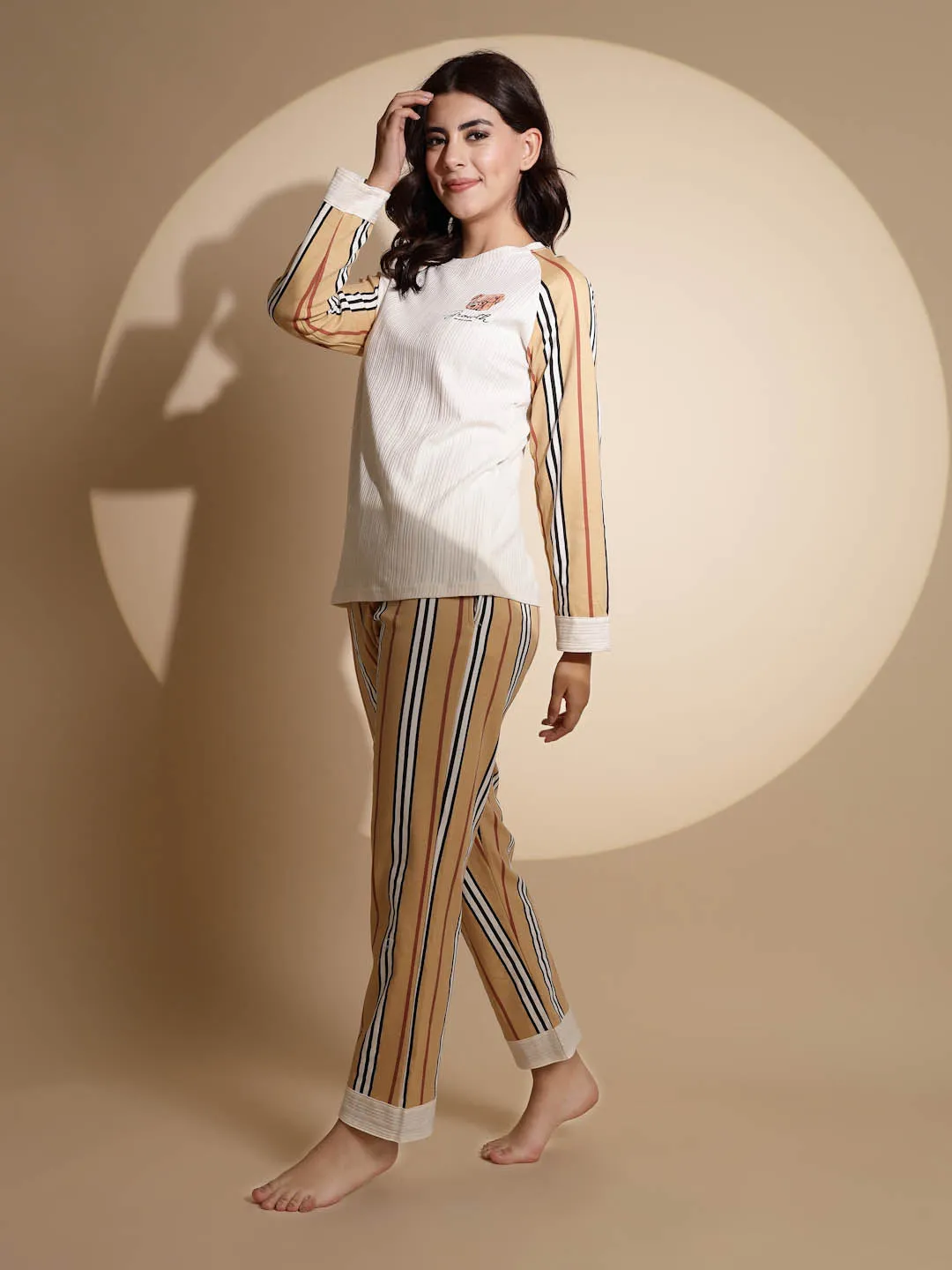 Multicolor Hosiery Striped Print Top & Pyjama Night Suit Set