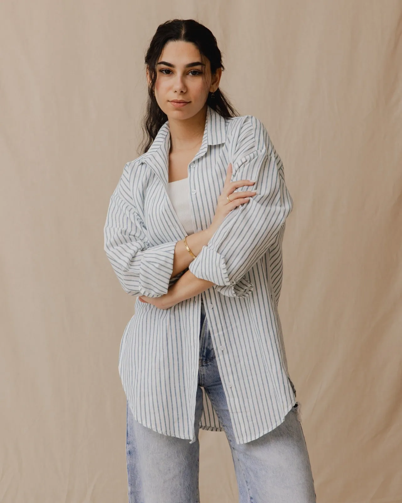 Oversized Linen Stripped Shirt Blue