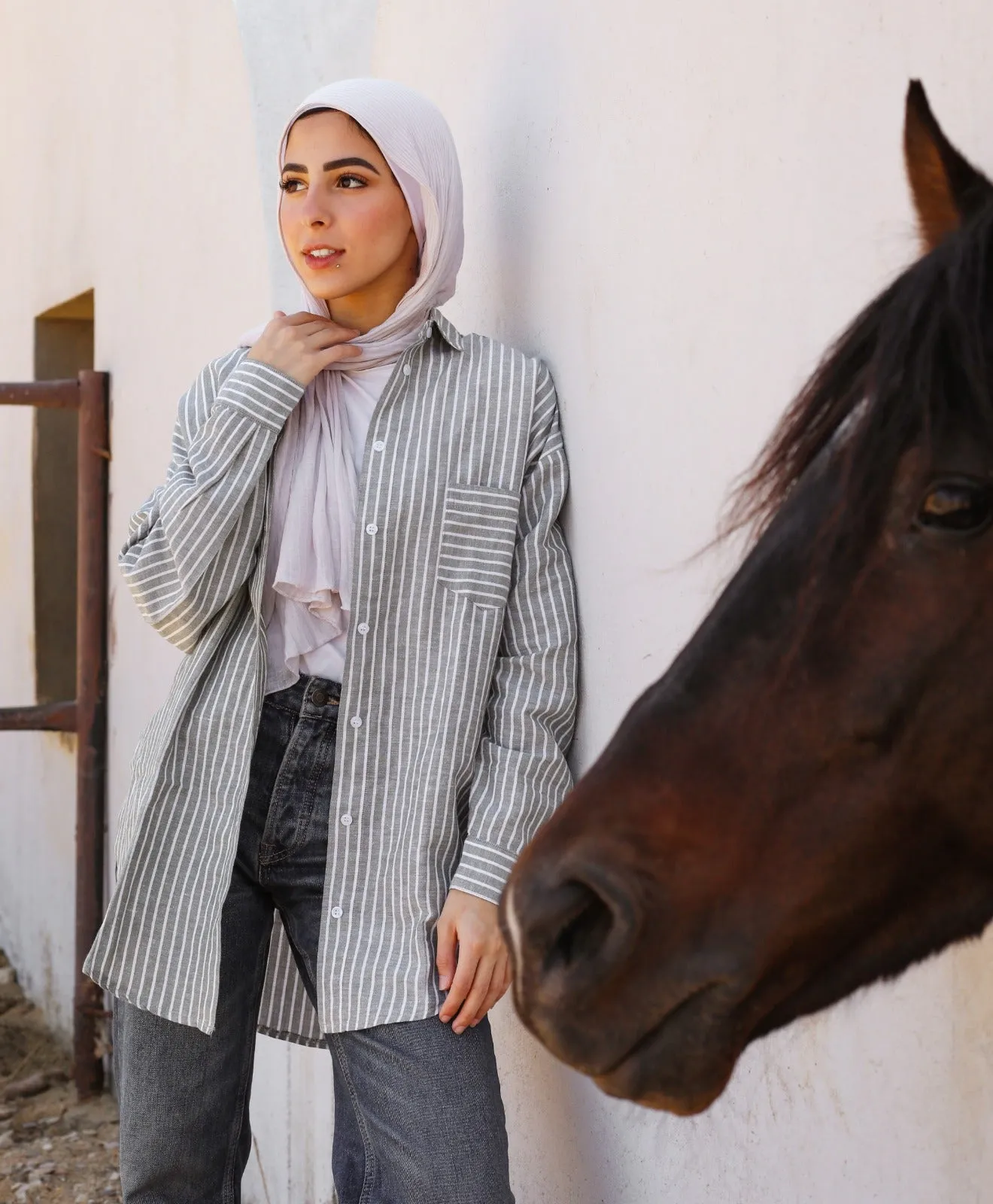 Oversized Linen Stripped Shirt Grey