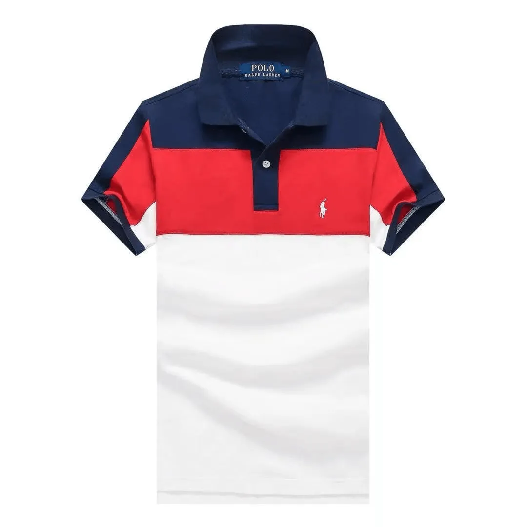 PRL Striped Cotton Small Pony Mesh Polo Shirt - Red White Navy Blue