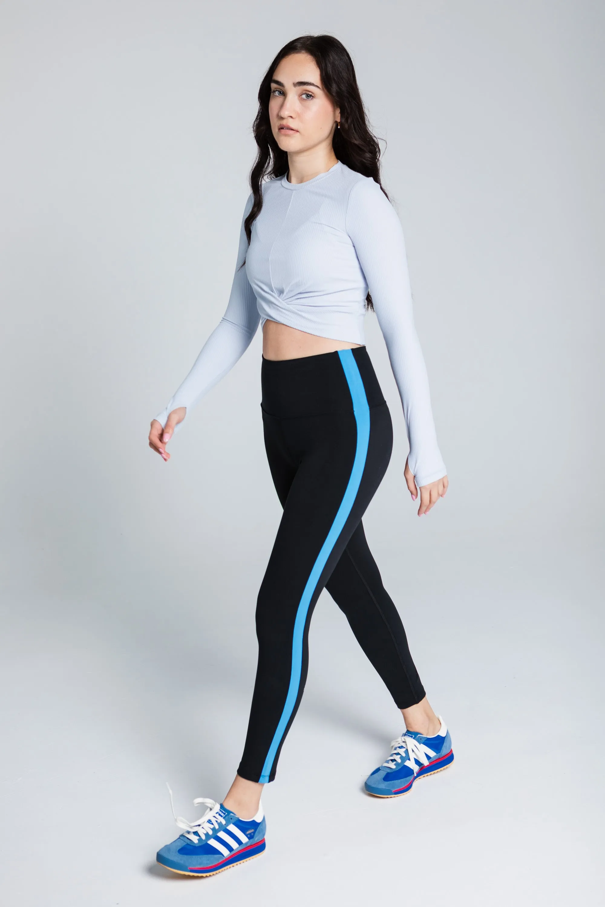 Rayure High Waist Leggings - Black with blue side stripe