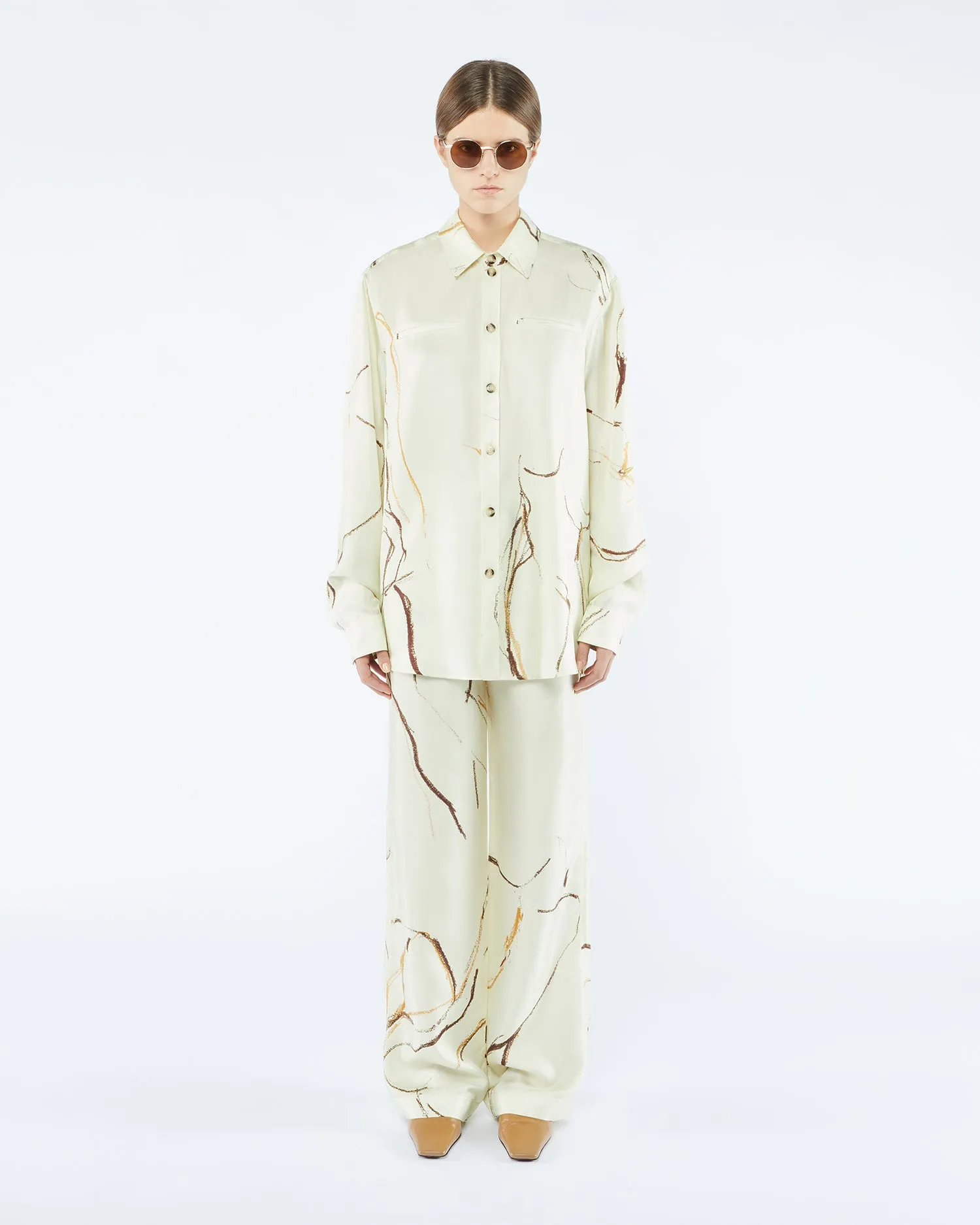 Sabrin - Sale Printed Twill Silk Shirt - Line Drawing Big Scale