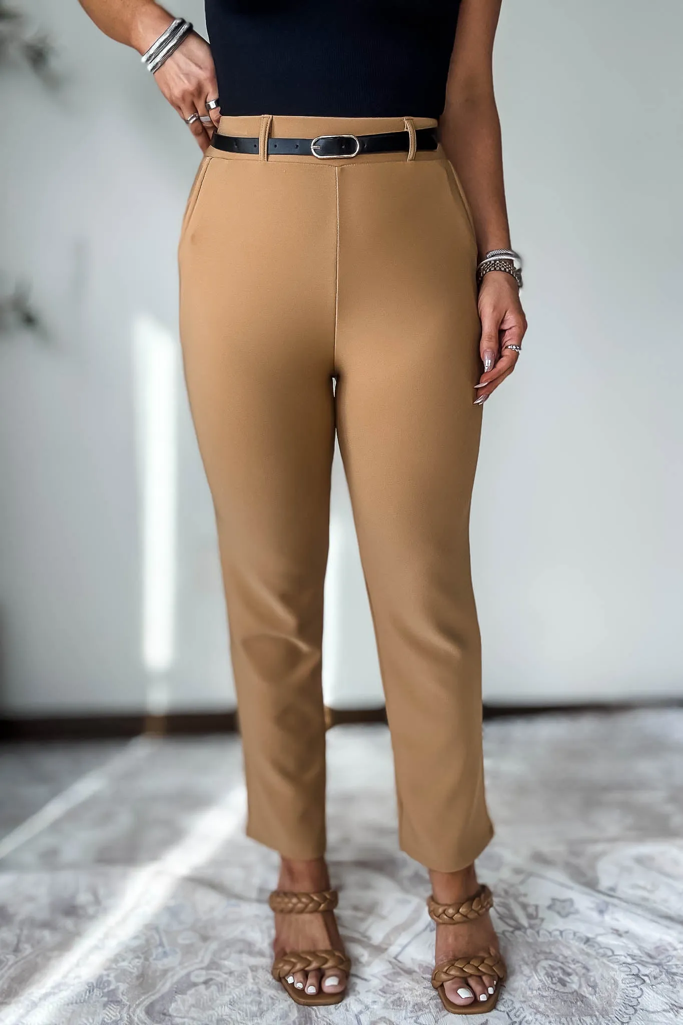 Stretchy Toffee Tan Belted Side Pocket Straight Pants