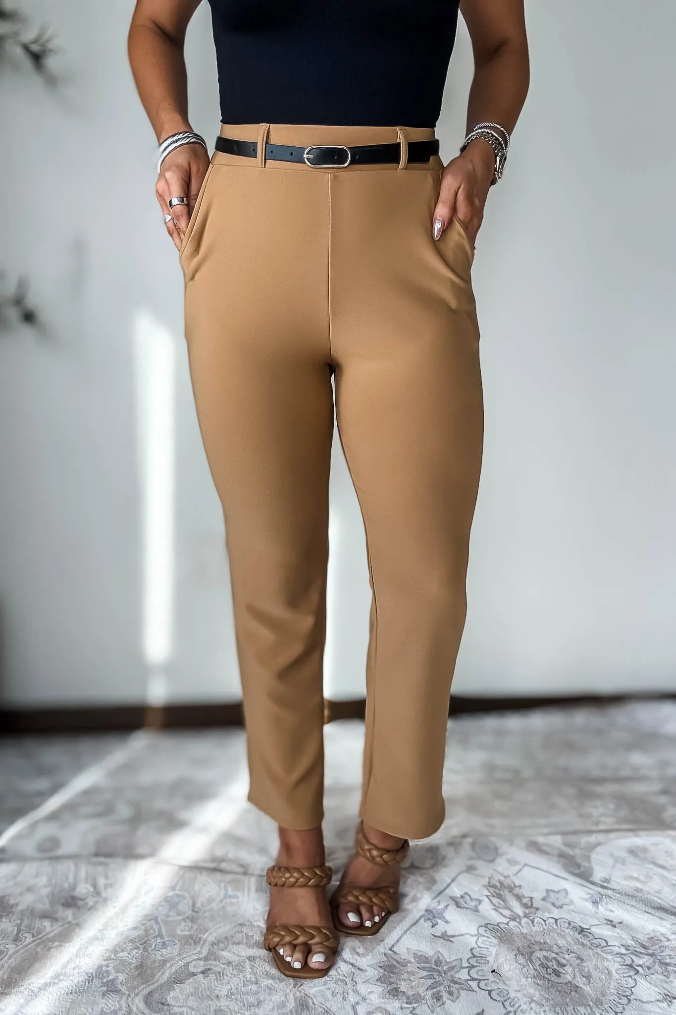 Stretchy Toffee Tan Belted Side Pocket Straight Pants