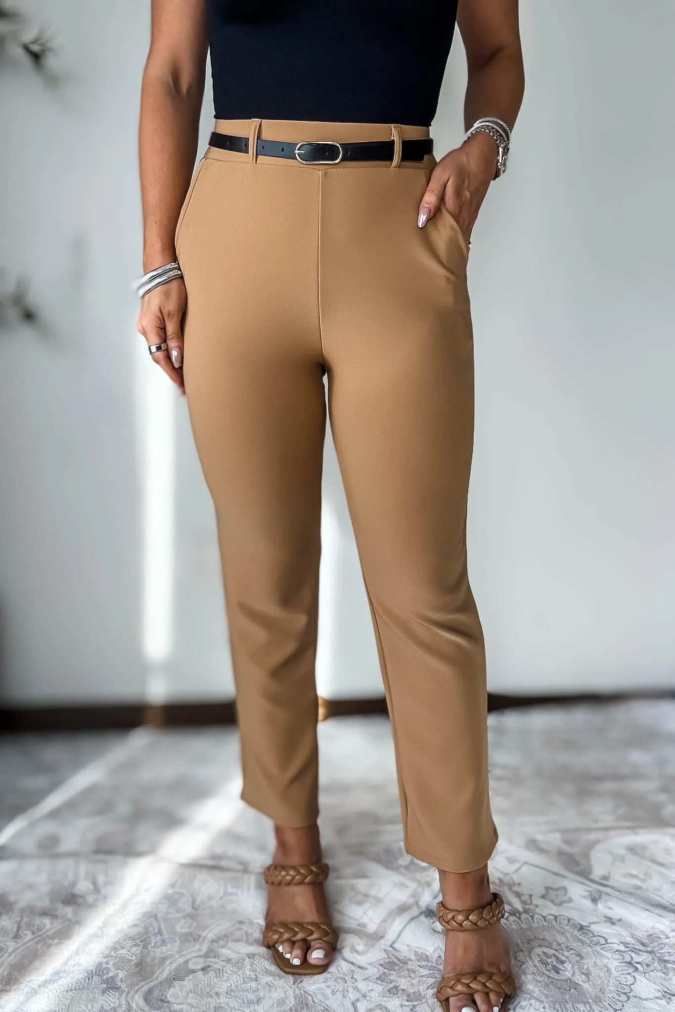 Stretchy Toffee Tan Belted Side Pocket Straight Pants