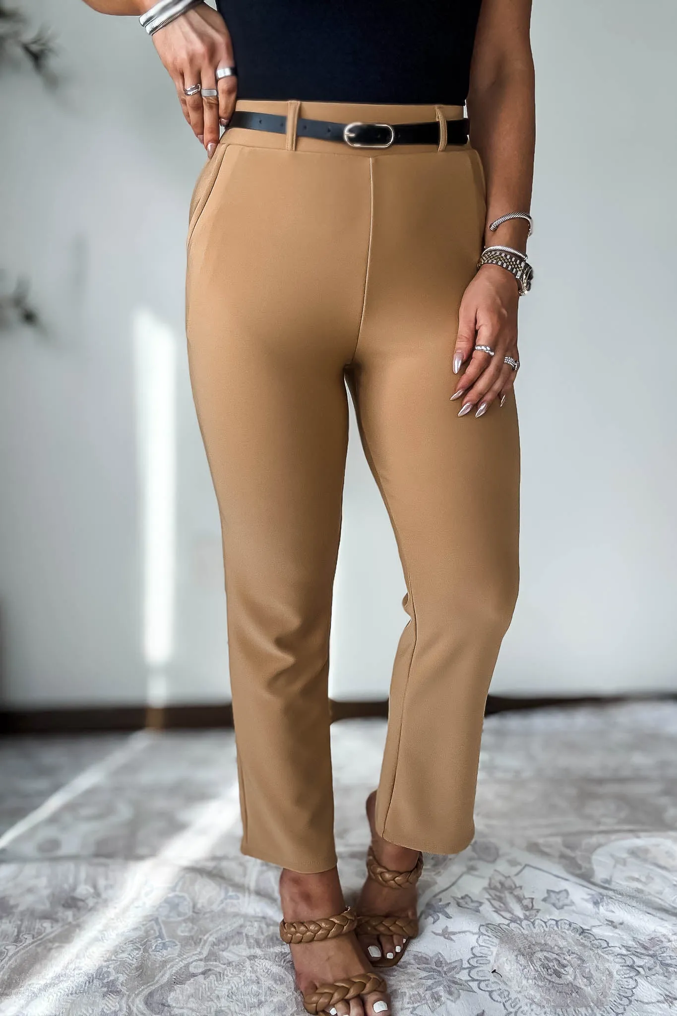 Stretchy Toffee Tan Belted Side Pocket Straight Pants