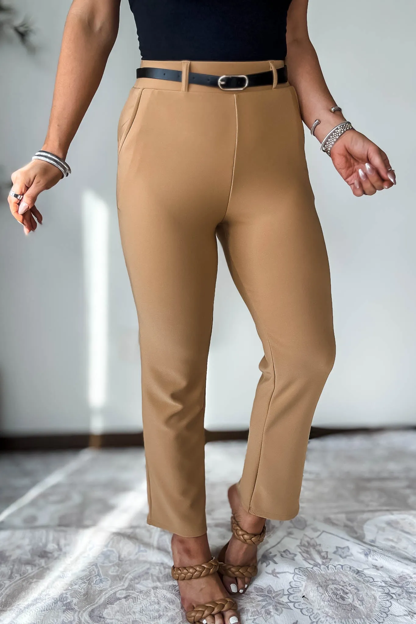 Stretchy Toffee Tan Belted Side Pocket Straight Pants