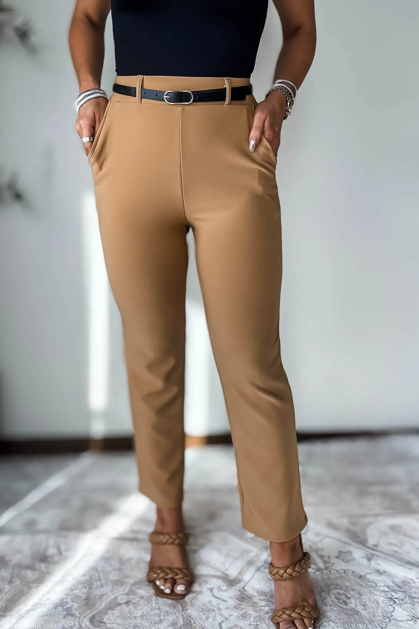 Stretchy Toffee Tan Belted Side Pocket Straight Pants