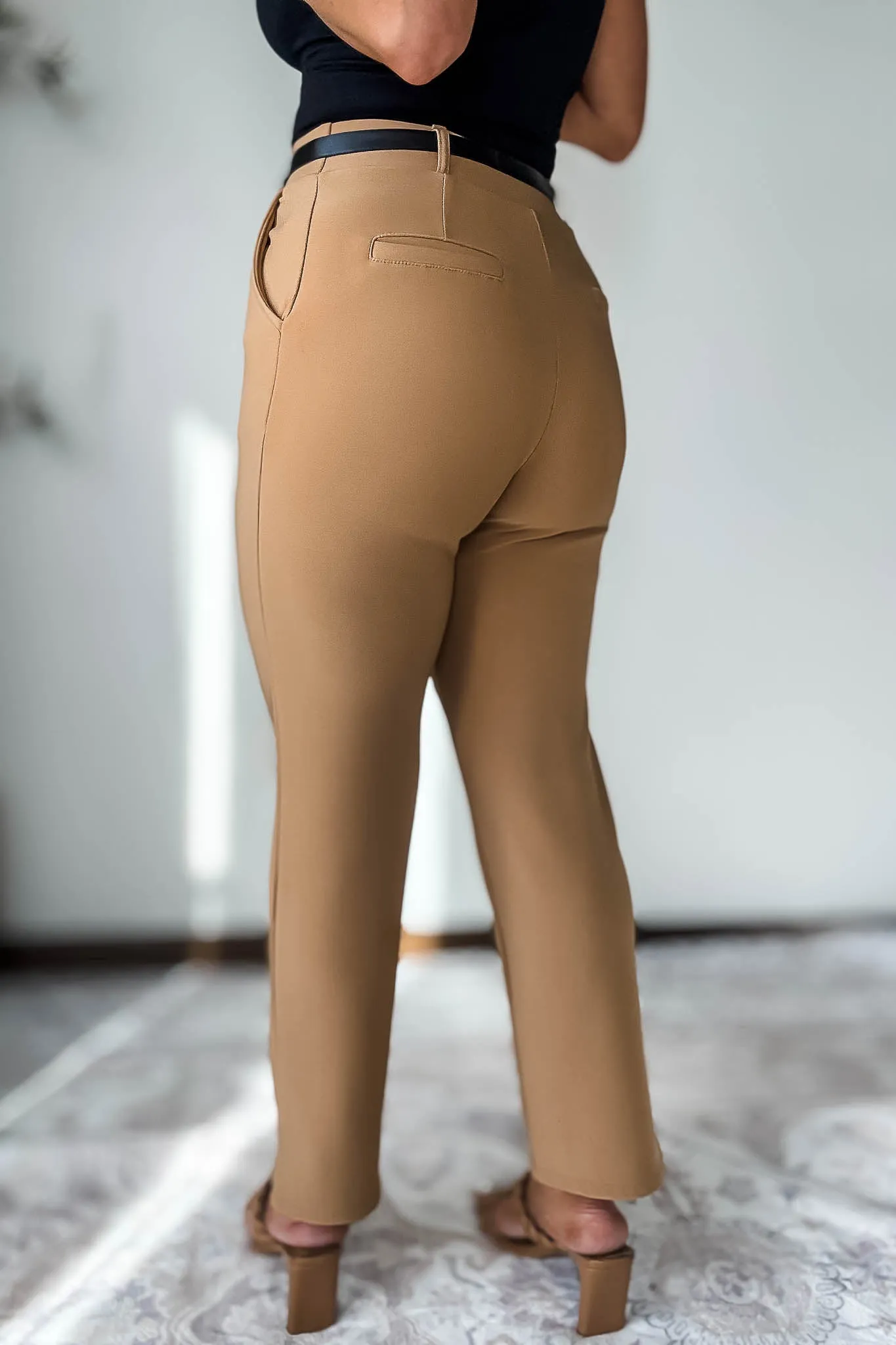 Stretchy Toffee Tan Belted Side Pocket Straight Pants